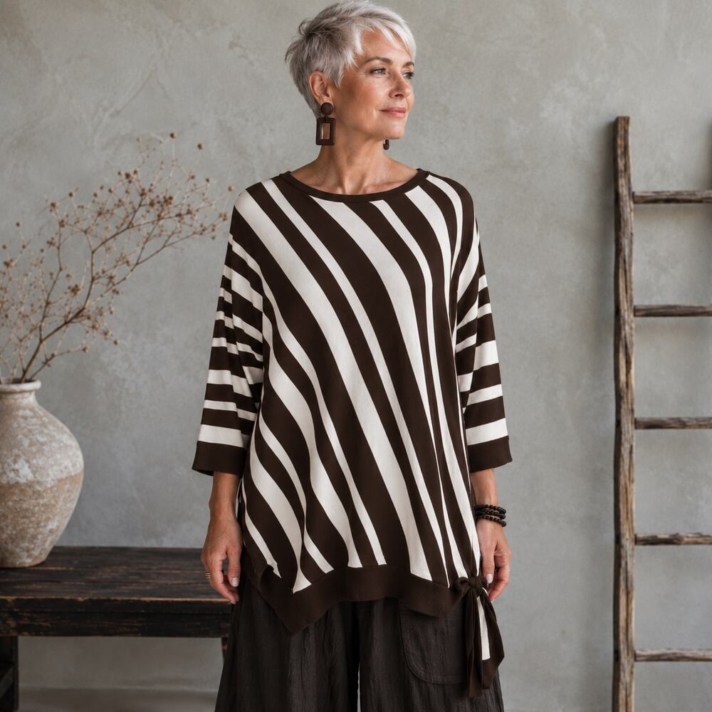 Chico"s Brown & Off White Slanted Stripe Short Sleeve Sweater 2
